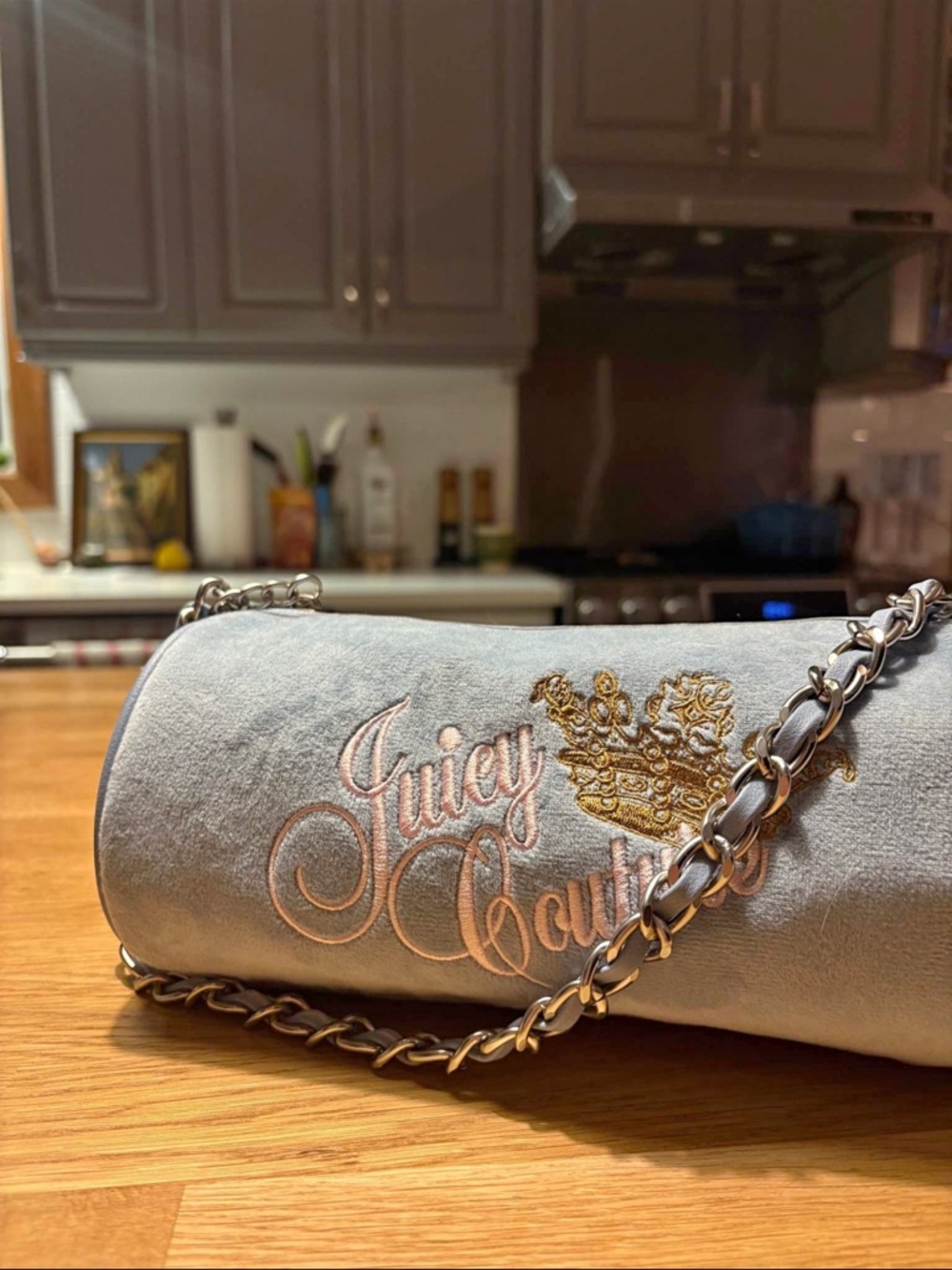 Juicy Couture Light Gray Suede Barrel Bag with Gold Embroidery